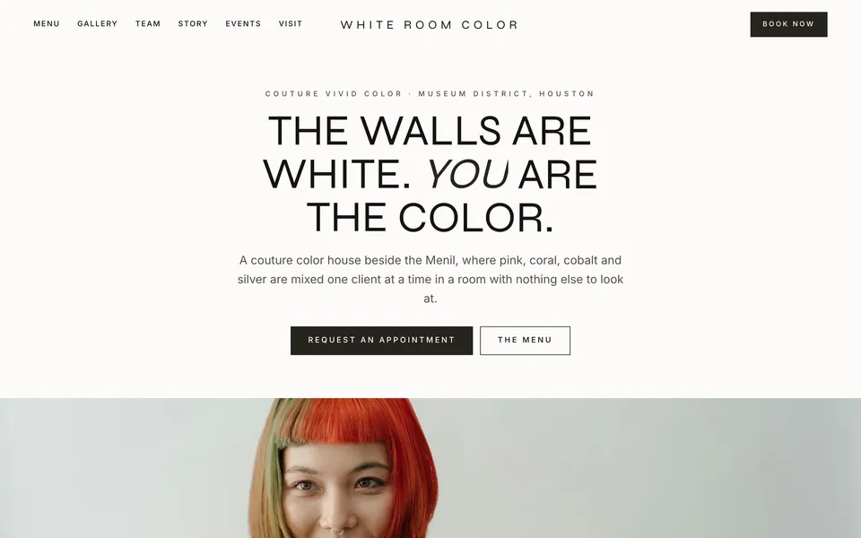 White Room Color website design — centered luxury minimal layout