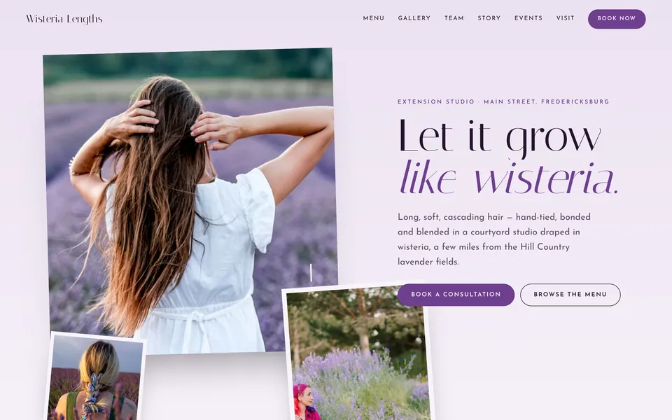 Wisteria Lengths website design — asymmetric collage layout